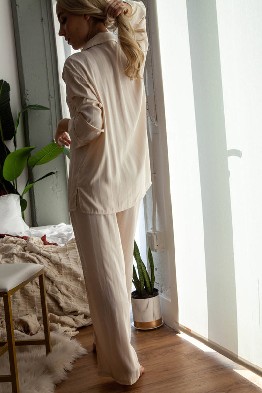 White Striped Button Front Long Sleeves Pajama Sets