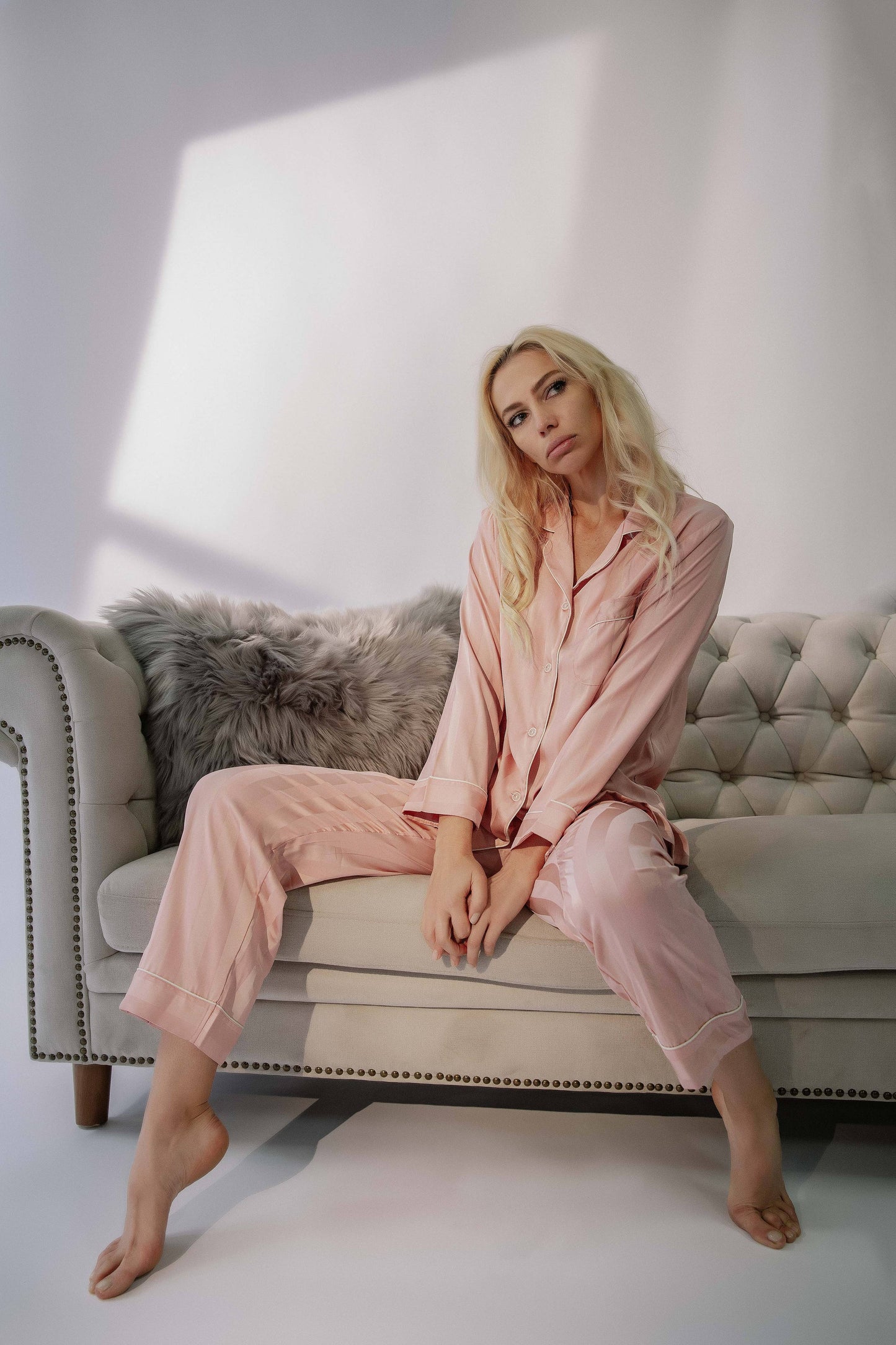 Pink Long Sleeves Striped Silky Pajama Sets