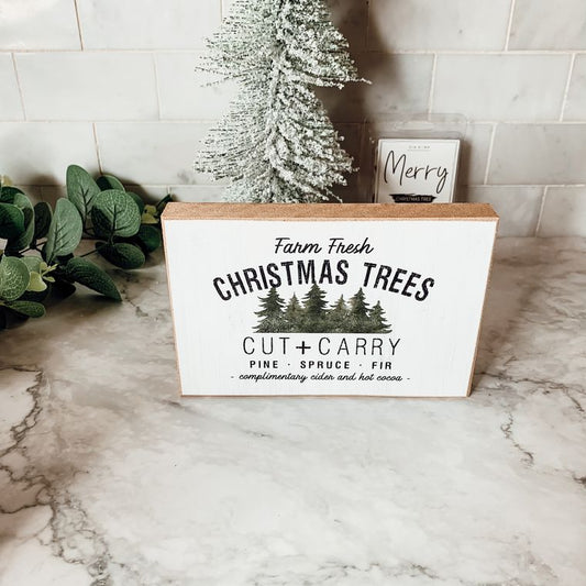 Farm Fresh Christmas Trees Wooden Block Sign - Handmade - USA - Vintage Christmas Decor - Pine - Fir